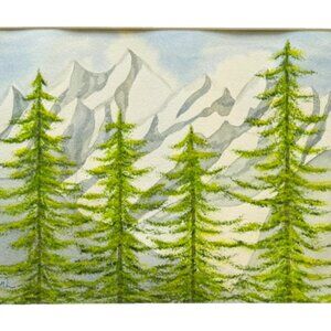 Painting Watercolor Evergreen Trees Mountain Landscape 11x14 and White Mat 16x20